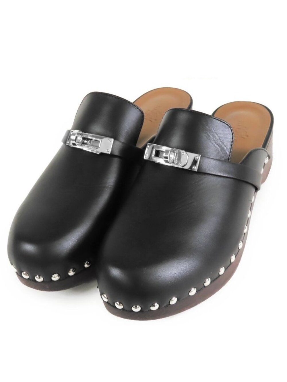 Hermes Carlotta Black Silver Calf Kelly Belt Sabot Mules Shoes